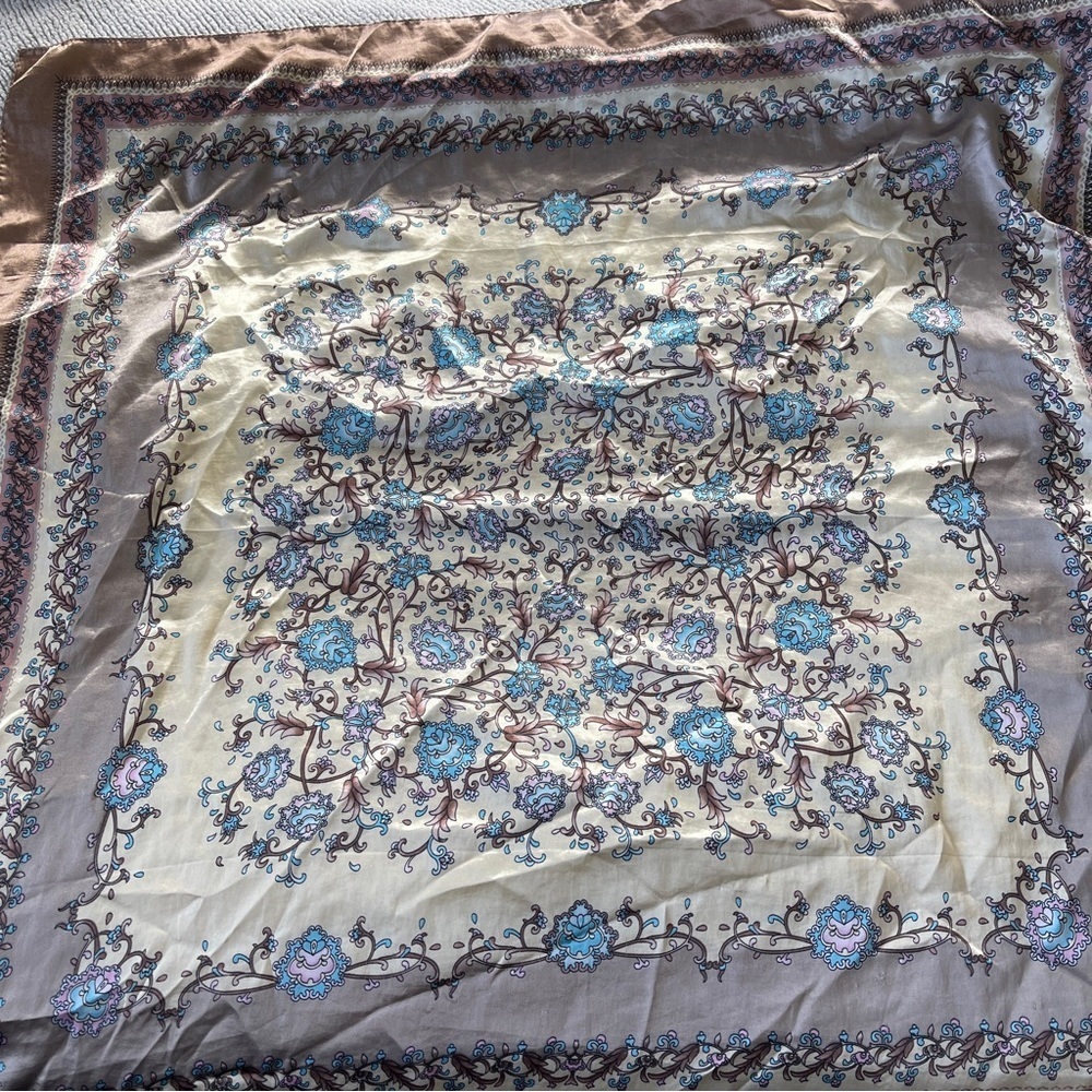 Vintage floral pastel Print Square Scarf Blue lavender and taupe Elegant Satin